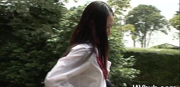  JAVHUB Pretty JAV babe sucks and fucks two guys outdoors